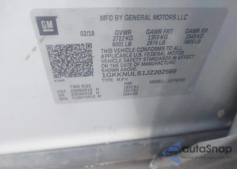 2018 GMC Acadia Slt-1 z USA, uszkodzony, nr VIN 1GKKNULS1JZ202569